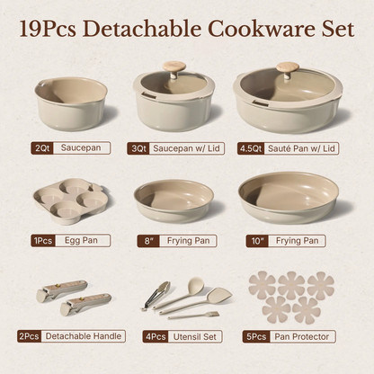 19-Piece Nonstick Cookware Set with Detachable Handles – Stackable Pots & Pans Set, Induction Compatible, Dishwasher Safe, Oven Ready