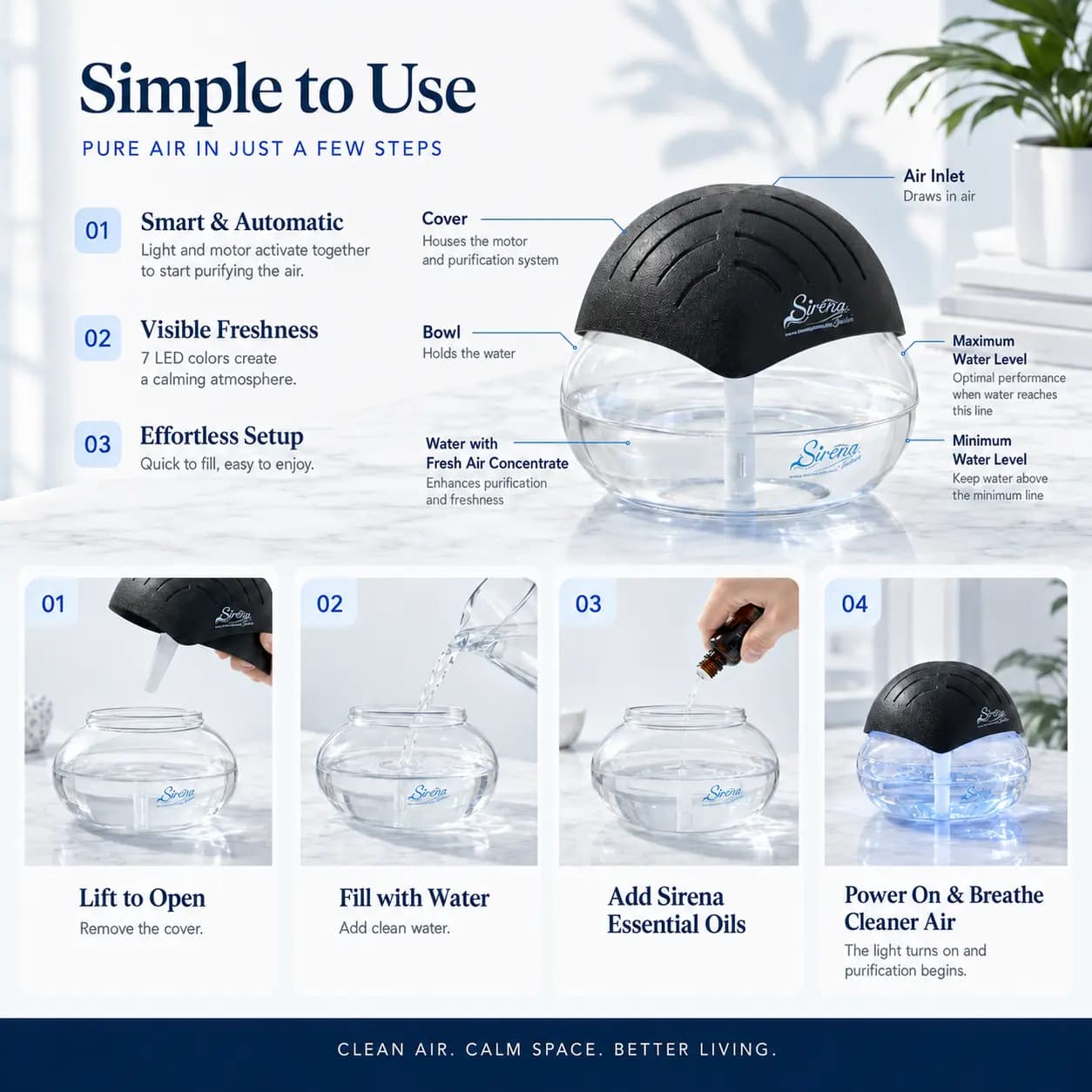 Water Air Purifier with Essential Oil Diffuser